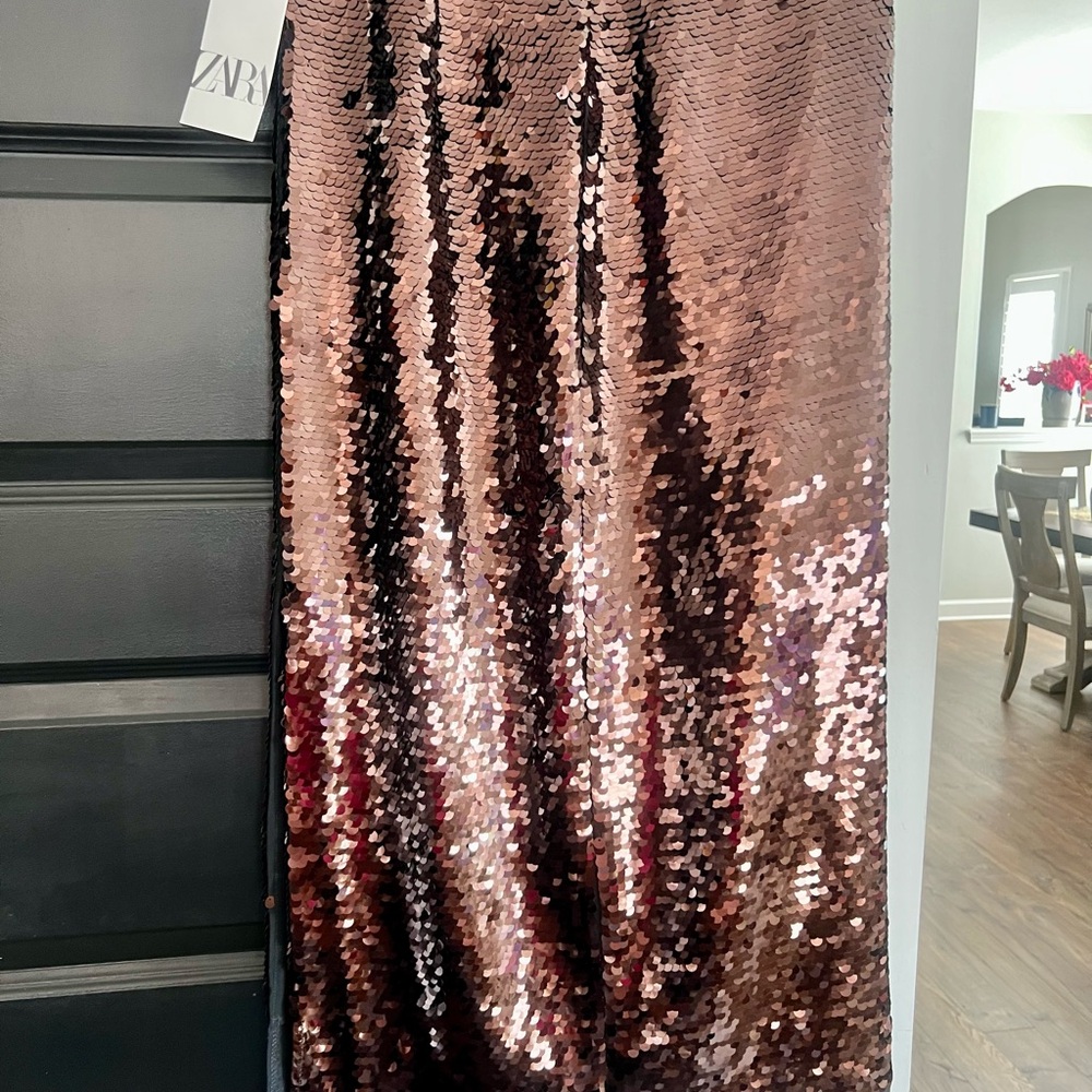 Zara Sequin Skirt in Rose Goldish Dark Maroon.